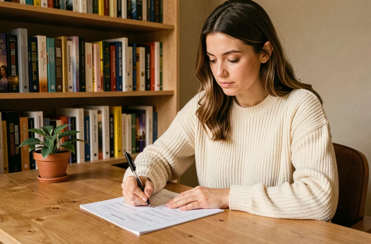Femme introspective remplissant un test de personnalité archange à son bureau à domicile