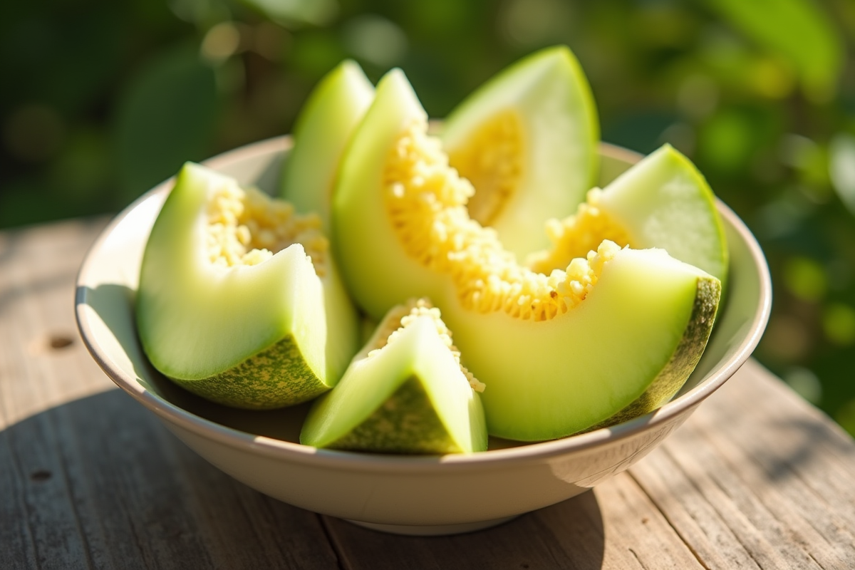 Tranches de melon miel dans un bol en céramique en plein air