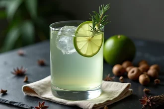 Verre de gin sec aromatique avec une rondelle de citron vert et du thym frais posé sur un comptoir en ardoise avec des baies de genièvre