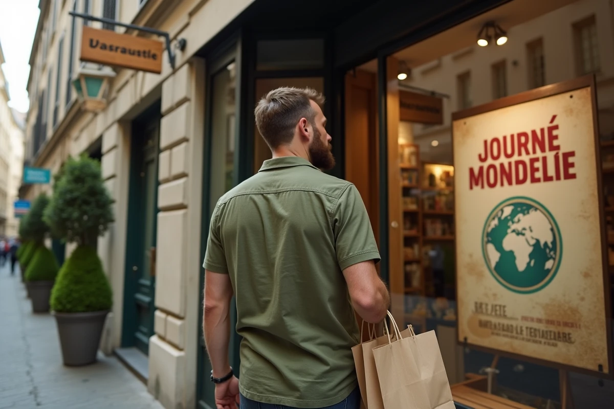 Homme devant une vitrine de commerce engagé affichant une campagne de journée mondiale avec un poster éco-responsable