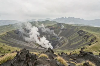 Volcan Aso au Japon avec cratère fumant et paysage volcanique de la caldeira de Kyushu