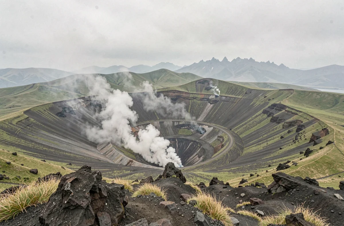 Volcan Aso au Japon avec cratère fumant et paysage volcanique de la caldeira de Kyushu