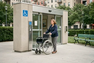 Entrée d'un WC public accessible PMR avec signalétique fauteuil roulant et chemin pavé large dans un parc urbain