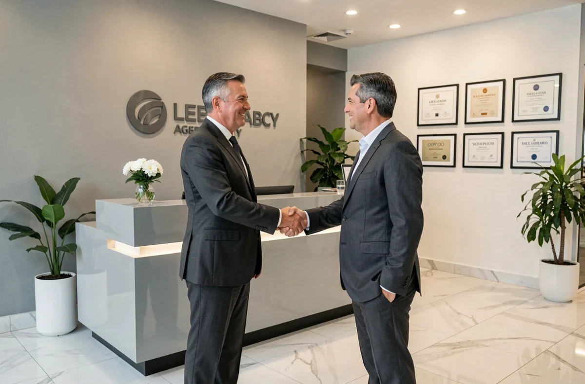 Directeur de West Agency signant un partenariat avec un client corporate dans le hall d'accueil d'une agence événementielle moderne