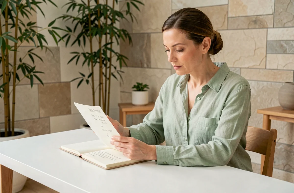Organisatrice événementielle de Zen Organisation dans un bureau épuré et minimaliste planifiant un événement serein